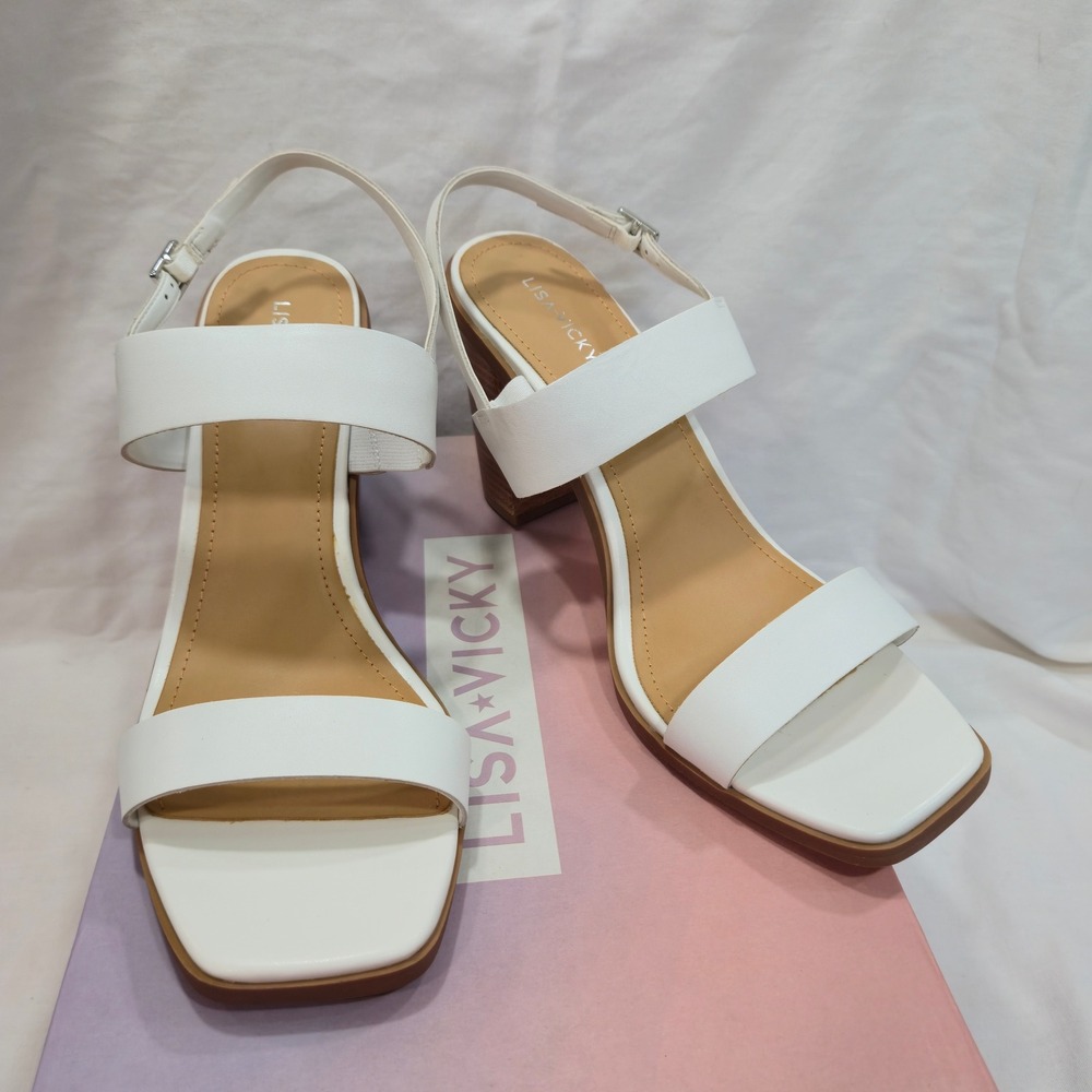 Lisa Vicky White Heeled Sandals Ankle Strap Square Toe Women's Shoes Size 11M